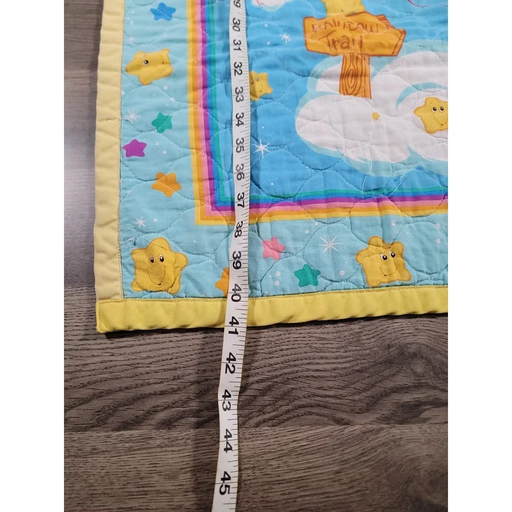 Vintage Care Bears Baby Blanket Crib Quilt Rainbow Trail Yellow Trim 41x33 Throw
